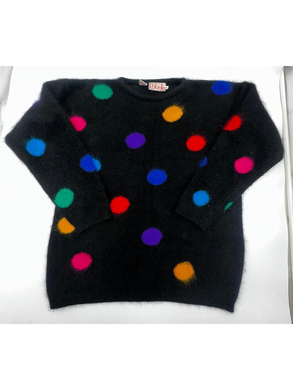 Rafaella angora Lambswool black sweater with colorful polka dots Size Small